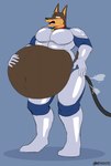 air_inflation anthro armor belly big_belly blush brown_body brown_fur collar fur hand_on_belly hose hose_inflation inflation male solo v1sage road_rovers blitz_(road_rovers) canid canine canis domestic_dog mammal hi_res