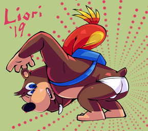 ambiguous_gender anthro backpack barefoot black_nose blue_eyes briefs briefs_only brown_body brown_fur bulge butt clothed clothing detailed_background feathers feet fur green_background group jewelry male necklace open_mouth presenting presenting_hindquarters red_body red_feathers simple_background teeth_showing text tighty_whities topless underwear underwear_only white_briefs white_clothing white_underwear yellow_body yellow_feathers redo_(artist) banjo-kazooie rareware banjo_(banjo-kazooie) kazooie avian bear bird mammal 2019 absurd_res hi_res female_(lore)