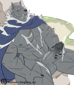 abs anthro balls black_sclera bodily_fluids cape clothing cum ejaculation erection eye_scar facial_scar fangs fur genital_fluids genitals glans grey_body grey_fur male masturbation muscular muscular_anthro muscular_male nipples pecs penile penile_masturbation penis pubes scar solo teeth dingding_(artist) elden_ring fromsoftware blaidd_(elden_ring) canid canine canis mammal wolf hi_res