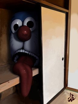 ambiguous_gender anthro big_nose blue_body bodily_fluids creepy glistening glistening_eyes glistening_nose glistening_tongue hair horror_(theme) inside long_hair looking_at_viewer open_mouth red_nose saliva saliva_string scary solo soul_devouring_eyes teeth tongue tongue_out whiskers hylran doraemon doraemon_(character) domestic_cat felid feline felis mammal 2024 3:4 absurd_res digital_drawing_(artwork) digital_media_(artwork) hi_res watermark male_(lore)