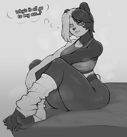 5_toes anthro bed bodily_fluids bra claws clothing feet female furniture hair humanoid_feet multicolored_hair on_bed plantigrade sitting sitting_on_bed solo sports_bra sweat text thick_thighs thought_bubble toe_claws toes two_tone_hair underwear whitelister yaoming_ren_(whitelister) bear giant_panda mammal 2025 black_and_grey english_text monochrome