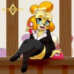 1:1 2017 animal_crossing anthro biped black_nose blue_eyes breasts canid canine canis cleavage clothed clothing crossed_legs digital_media_(artwork) domestic_dog electronics eyewear female footwear glasses hair hi_res holding_object holding_phone isabelle_(animal_crossing) kloudmutt legwear looking_at_viewer mammal nintendo open_mouth phone shih_tzu shoes sitting solo thick_thighs toy_dog wide_hipped_female wide_hips
