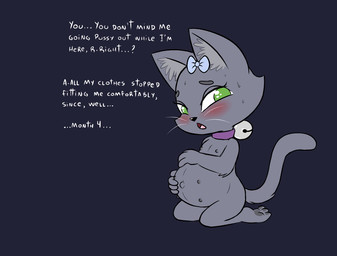 6_nipples accessory anthro bell belly belly_nipples big_belly biped black_background blush bodily_fluids bow_ribbon cheek_tuft choker eyebrows facial_tuft female flat_chested fur green_eyes grey_body grey_fur hair_accessory hair_bow hair_ribbon hand_on_own_belly inner_ear_fluff jewelry kneeling looking_at_viewer multi_nipple navel necklace nipples nude open_mouth pawpads pregnant ribbons simple_background solo sweat text tongue tuft underage_pregnancy whiskers young young_anthro young_female furcollector ashe_(starshippizza) domestic_cat felid feline felis mammal 2025 english_text