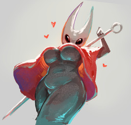 2_horns anthro biped breasts clothing female front_view heart_symbol holding_melee_weapon holding_object holding_weapon horn looking_at_viewer low low-angle_view melee_weapon red_clothing solo standing under_boob underneath weapon worm's-eye_view litti_kitti hollow_knight_(franchise) team_cherry hornet_(hollow_knight) arthropod 2025