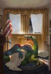 amber_eyes ambiguous_gender american_flag bedding blanket carpet claws cuddling curtains curtains_open desk duo feral finial flag flag_(object) furniture office open_mouth table teeth thumbless tongue united_states_of_america white_house conditional_dnp latex_(artist) dinosaur prehistoric_species reptile scalie hi_res