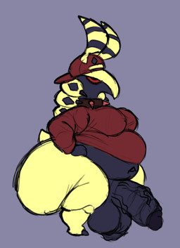 anthro backwards_baseball_cap backwards_hat balls baseball_cap big_balls big_butt big_moobs big_penis blue_body butt clothing collar flaccid genitals hat headgear headwear huge_balls huge_butt huge_moobs huge_penis long_sleeve_shirt long_sleeves male moobs mouthless multicolored_body penis purple_background red_clothing red_collar red_sclera red_shirt red_topwear retracted_balls scrotum_flap shirt shortstack shortstack_male simple_background solo spiked_collar spikes thick_thighs topwear two_tone_body vein veiny_penis wide_hips nauiho nintendo pokemon pinepede arthropod generation_5_pokemon pokemon_(species) scolipede 2026 digital_drawing_(artwork) digital_media_(artwork) hi_res
