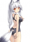 backless_clothing backless_swimsuit bare_shoulders breasts butt clothing female furgonomics hair hime_cut long_hair looking_at_viewer looking_back one-piece_swimsuit open-back_swimsuit orange_eyes ponytail silver_hair simple_background solo sport_swimsuit swimwear tail tail_clothing white_background tsukumiya_amane animal_humanoid canid canid_humanoid canine canine_humanoid canis humanoid mammal mammal_humanoid wolf wolf_humanoid