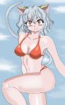 bikini breasts cleavage clothed clothing female hair midriff navel orange_eyes simple_background smile solo swimwear tan_body tan_skin two-piece_swimsuit white_hair hunter_x_hunter neferpitou animal_humanoid cat_humanoid chimera_ant felid felid_humanoid feline feline_humanoid humanoid mammal mammal_humanoid 2015 hi_res