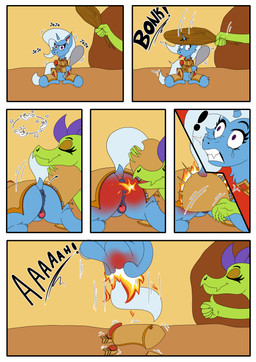 ambiguous_gender anus armor breath_powers burning butt butt_on_fire clenched_teeth club_(weapon) duo elemental_manipulation female feral fire fire_breathing fire_manipulation genitals gesture hand_gesture horn melee_weapon pain raised_tail reddened_butt screaming sound_effects tail teeth text thumbs_up tongue tongue_out vulva weapon draconightmarenight friendship_is_magic hasbro my_little_pony mythology trixie_(mlp) dragon equid equine horse mammal mythological_creature mythological_equine mythological_scalie pony scalie unicorn absurd_res comic hi_res