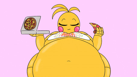 anthro beakless belly bib big_belly big_breasts black_eyebrows bloated blonde_hair box breasts chewing clothing container eating eating_food eyebrows eyes_closed female food front_view hair holding_food holding_object holding_pizza huge_belly huge_breasts huge_thighs hyper hyper_belly machine navel obese obese_anthro obese_female overweight overweight_anthro overweight_female pink_background pink_cheeks pizza pizza_box simple_background solo text text_on_clothing thick_thighs weight_gain white_bib yellow_body afemaleclone five_nights_at_freddy's five_nights_at_freddy's_2 scottgames toy_chica_(fnaf) animatronic avian bird chicken galliform phasianid robot robot_anthro 16:9 2026 2d_animation animated colored digital_media_(artwork) english_text flat_colors loop portrait three-quarter_portrait widescreen