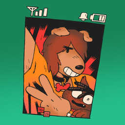 anthro battery_life bell black_hair bone_tag brown_hair collar duo eyewear female gesture glasses green_background hair hand_gesture selfie simple_background smile user_interface v_sign gaydottiff penny_(gaydottiff) shelley_(gaydottiff) canid canine canis domestic_dog mammal trans_(lore) trans_woman_(lore)