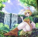 anthro blonde_hair boots breasts butt clothed clothing dress female footwear fur hair no_underwear orange_clothing orange_dress shoes sideless_clothing sideless_dress solo waterfall white_body white_fur klopsiak one_piece carrot_(one_piece) lagomorph leporid mammal minkmen_(one_piece) rabbit absurd_res hi_res