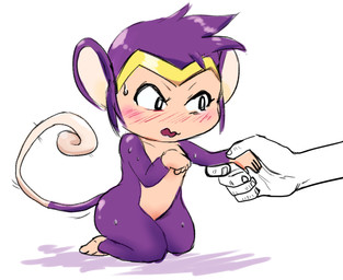 blush bodily_fluids disembodied_hand duo female hand_holding sweat sweatdrop escanda shantae_(series) wayforward shantae_(monkey_form) haplorhine human mammal monkey primate