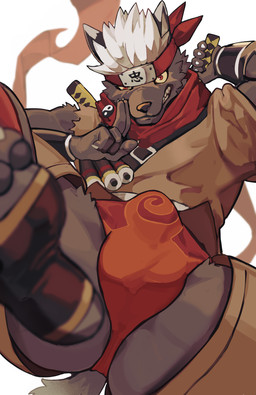 5_fingers accessory anthro anus asian_clothing balls_outline barely_visible_anus black_body black_fur bulge clothing detailed_bulge east_asian_clothing fingers footwear fundoshi fur genital_outline glaring hair headband japanese_clothing katana kemono low-angle_view male melee_weapon ninja pawpads penis_outline plantigrade scarf socks solo stirrup_socks sword underwear warrior weapon white_hair worm's-eye_view azuma_kemono keidoro_kemono lifewonders tokyo_afterschool_summoners tadatomo_(tas) canid canine canis domestic_dog mammal absurd_res hi_res shaded