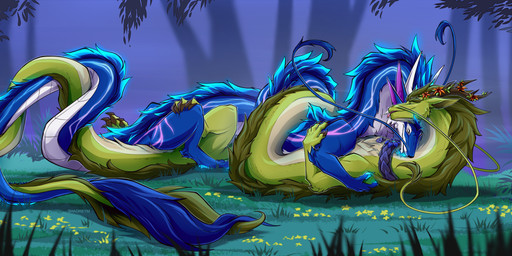 4_ears affectionate antlers back_mane barbel_(anatomy) black_bars black_collar blue_body blue_fur blurred_background brown_horn coiling collar cuddling detailed_background digitigrade digitigrade_paws duo eyes_closed feral feral_on_bottom feral_on_top flesh_whiskers flower flower_on_horn fluffy_mane fur grass green_body green_fur head_horn horn long_tail lying lying_on_grass male male/male male_on_bottom male_on_top mane monotone_horn multi_ear on_back on_bottom on_grass on_ground on_top particles paws plant serpentine tail text tongue tongue_out tree tree_trunk tuft whisker_tuft white_horn shadreym mythology finarion kahli_(serratia) dragon eastern_dragon mythological_creature mythological_scalie scalie 2026 artist_name digital_drawing_(artwork) digital_media_(artwork) hi_res