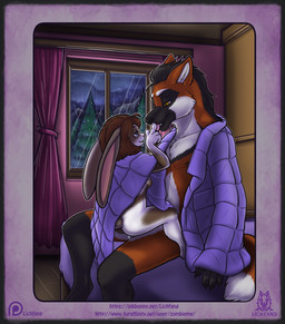 ambiguous_penetration anthro bed bedding black_nose blanket blue_eyes bodily_fluids boop breasts brown_body brown_hair cheek_tuft claws countershade_face countershade_torso countershading cum cum_inside dark_hair digitigrade dipstick_tail duo evergreen_tree eye_contact eyebrows facial_markings facial_tuft female female_penetrated finger_fetish finger_lick finger_play fingers from_front_position furniture genital_fluids genitals hair head_markings inner_ear_fluff inside interspecies larger_male leaking_cum licking long_ears looking_at_another male male/female male_penetrating male_penetrating_female mane markings mask_(marking) mastery_position multicolored_body navel nipples nude on_bed open_mouth penetration penile penile_penetration pine_tree pink_nose plant raining red_body sex short_hair side_boob sitting size_difference small_breasts smaller_female smile tail tail_markings teeth text tongue tongue_out tree tuft two_tone_body vaginal_fluids white_body window yellow_eyes lichfang canid canine lagomorph leporid mammal maned_wolf rabbit 2017 hi_res url