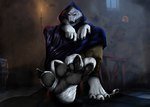 4_toes absurd_res anthro barefoot canid canine canis claws cloak clothing death_(puss_in_boots) dreamworks feet foot_focus fur grey_body grey_fur hi_res male mammal puss_in_boots_(dreamworks) red_eyes robinthefox solo toe_claws toes wolf