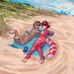 anthro beach blush bodily_fluids breasts butt cum cum_on_feet duo feet female genital_fluids looking_at_viewer looking_back lying male male/female on_front paws public pochowaki ember_(cat) skala domestic_cat felid feline felis mammal 1:1 absurd_res hi_res