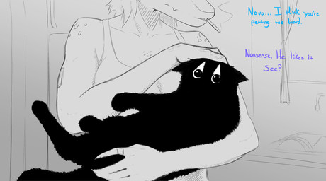 5_fingers anthro cigarette cigarette_in_mouth clothing dialogue duo female feral fingers fluffy fluffy_tail holding_animal inside kitchen long_tail male mature_anthro mature_female object_in_mouth petting shirt smoking smoking_cigarette snout tail tank_top text topwear ratherdevious cavemanon_studios snoot_game inkspot_(snoot_game) nova_(snoot_game) baryonyx dinosaur domestic_cat felid feline felis mammal prehistoric_species reptile saurischian scalie spinosaurid theropod 2026 absurd_res english_text hi_res monochrome