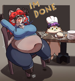 ambiguous_gender anthro belly belly_expansion belly_inflation big_belly big_breasts big_butt bloated blush bodily_fluids breasts butt casual_clothing chest_tuft duo empty_plate expansion feederism feeding female fluffy food food_fetish handpaw huge_belly inflation leaning leaning_backward male male/female navel overweight overweight_anthro overweight_female pawpads paws raised_arms sound_effects stretch_marks stretched_clothing stuffing tuft weight_gain wide_hipped_female phantomdgen aru_maeve canid canine lagomorph leporid mammal procyonid rabbit raccoon raccoon_dog tanuki colored digital_drawing_(artwork) digital_media_(artwork) trans_(lore) trans_woman_(lore)