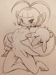 2020 ambipom anthro breasts curemitsuba ear_piercing female fur generation_4_pokemon grin hair heart_symbol hi_res looking_at_viewer mammal monochrome multi_tail navel navel_piercing nintendo nude piercing pokemon pokemon_(species) primate simple_background smile solo tail traditional_media_(artwork)
