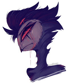 anthro beak black_beak bodily_fluids clothed clothing crying fur grey_body grey_fur grey_hair hair long_neck looking_down male red_eyes short_hair side_view simple_background solo tears topless white_background white_face azulbun hellaverse helluva_boss stolas_(helluva_boss) avian bird owl owl_demon