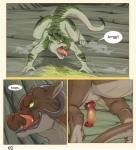 all_fours ark_warrior claws comic dialogue digital_media_(artwork) dragon duo english_text erection feral genitals hi_res horn knot licking male male/male mythological_creature mythological_scalie mythology open_mouth outside penis scalie standing tail teeth text tongue tongue_out yelling yellow_eyes