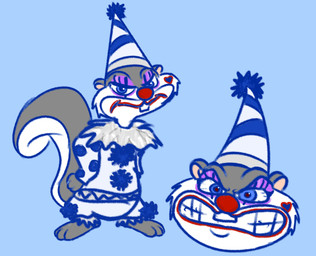 angry anthro blue_eyes buckteeth clothing clown_costume clown_makeup clown_nose female frown frowning_at_viewer fur glistening_eyelids grey_body grey_fur hat headgear headwear heart_(marking) humiliation makeup markings paws pointy_hat polka_dots simple_background solo squirrel_tail teeth white_body white_fur cheatlemonpie animaniacs warner_brothers slappy_squirrel mammal rodent sciurid tree_squirrel hi_res