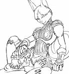 armor bottomless clothed clothing duo female genitals male pussy sniffing sacrificabominat .hack cyberconnect2 elk_(.hack) mia_(.hack) domestic_cat felid feline felis human mammal absurd_res hi_res monochrome sketch