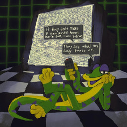 checkered controller dialogue electronics eyelashes green_body green_scales half-closed_eyes narrowed_eyes purple_stripes remote_control scales solo static stripes television text tile wireframe cate_wurtz gex_(series) gex_the_gecko gecko lizard reptile scalie 1:1 2019 english_text