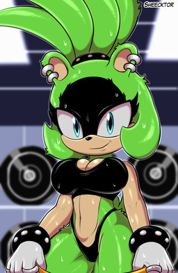 anthro big_breasts black_clothing black_nose black_thong black_underwear blue_eyes bodily_fluids bracelet breasts cleavage clothed clothing ear_piercing ear_ring eyelashes female fur gloves green_body green_fur green_hair gym hair handwear inside jewelry long_hair looking_at_viewer multicolored_body multicolored_fur navel piercing ring ring_piercing shirt smile solo studded_bracelet studded_hair_tie studded_jewelry studs sweat tan_body tan_fur tank_top text thong topwear two_tone_body two_tone_fur underwear weights sheecktor idw_publishing sega sonic_the_hedgehog_(comics) sonic_the_hedgehog_(idw) sonic_the_hedgehog_(series) surge_the_tenrec afrosoricid mammal tenrec 2025 artist_name hi_res