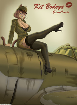 anthro belt brown_body brown_ears brown_fur brown_hair brown_tail clothed clothed_anthro clothed_female clothing female female_anthro footwear fur hair high_heels legwear looking_at_viewer military military_clothing military_uniform red_eyes shoes smile smiling_at_viewer solo stockings tail teeth uniform grandpaman gameoverse glitch_productions kit_bodega domestic_cat felid feline felis mammal absurd_res hi_res