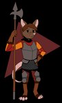 anthro armor barefoot body_armor brown_body brown_fur brown_hair chest_armor clothing feet female fur gloves guard hair handwear holding_melee_weapon holding_object holding_polearm holding_spear holding_weapon knee_pads knight medieval medieval_armor melee_weapon orange_clothing pink_nose polearm poleaxe pose rat_ears rat_tail red_clothing scale_armor simple_background simple_eyes solo spear tail transparent_background warrior weapon whiskers unknown_artist mammal murid murine rat rodent alpha_channel digital_drawing_(artwork) digital_media_(artwork) hi_res