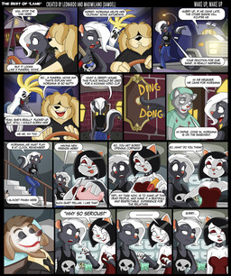 alternative_fashion anthro basement best_of_lame black_body black_fur black_hair blonde_hair clothing dialogue doorbell eyewear failed_attempt feathers female fur goth grey_body grey_fur group hair humor makeup male medium_truck morgue overweight overweight_male rock_band scrubs shirt stairs sunglasses tank_top text topwear truck van vehicle white_body white_feathers white_fur white_hair why_so_serious wig_(xamoel) yellow_body yellow_fur xamoel dafne_(xamoel) morgana_(xamoel) nolan_(xamoel) avian bird canid canine canis cockatoo domestic_cat domestic_dog felid feline felis herding_dog mammal mephitid old_english_sheepdog parrot pastoral_dog sheepdog skunk comic detailed english_text