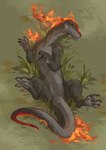 4_toes ambiguous_gender angry black_body black_claws black_scales claws feet feral finger_claws fire flaming_hair flaming_mane frown grass grey_body grey_scales legs_in_air looking_back lying on_back outside pawpads paws plant pseudo_hair pseudo_mane red_body red_scales scales solo spread_legs spreading tail toe_claws toes yellow_eyes babanasaur mythology riven_(atrumpet) dragon mythological_creature mythological_scalie scalie wingless_dragon 2023 absurd_res hi_res female_(lore)