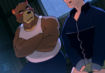 anthro black_nose blue_bottomwear blue_clothing blue_jacket blue_pants blue_topwear blush bottomwear brown_body brown_fur chest_markings clothed clothing countershade_snout countershading crossed_arms duo ear_blush fur green_clothing green_underwear inside jacket light_body light_skin logo male markings muscular muscular_male pants raining shirt snout tan_body tan_countershading tan_fur tank_top topwear underwear white_clothing white_shirt white_tank_top white_topwear yowai_fish morenatsu hiroyuki_nishimura juuichi_mikazuki bear human mammal 2022 artist_logo dated