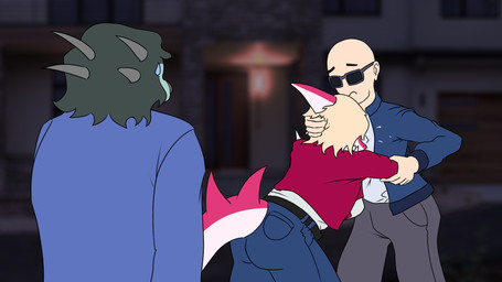 anthro bald blonde_hair blue_clothing blue_jacket blue_topwear bodily_fluids bone_frill building clothed clothed_anthro clothed_female clothed_human clothed_male clothing comforting comforting_another crying evening eyebrows eyewear female frill_(anatomy) frown grey_hair group hair horn house jacket male medium_hair open_clothing open_jacket open_topwear outside raised_inner_eyebrows red_clothing red_jacket red_topwear shirt standing sunglasses tears topwear trio white_clothing white_shirt white_topwear worried sebek_fereh_ra cavemanon_studios i_wani_hug_that_gator inco_(iwhtg) mia_moretti dinosaur hadrosaurid human mammal ornithischian ornithopod parasaurolophus prehistoric_species reptile scalie 16:9 colored hi_res widescreen