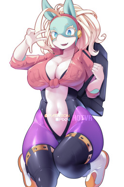 anthro backpack big_breasts blonde_hair blue_eyes breasts clothed clothing curvy_figure female footwear hair legwear multicolored_body navel nipple_outline open_mouth simple_background solo teal_body thick_thighs thigh_highs two_tone_body white_background white_body wide_hips hotvr_(artist) my_hero_academia ippan_josei aquatic canid canine fish fox hybrid mammal quirked_human_(my_hero_academia) shark 2023 2:3 digital_media_(artwork) hi_res
