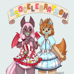 ageplay anthro blue_clothing blue_dress blue_eyes brown_body clothed clothing diaper dipstick_tail dress duo female front_view hair infantilism markings membrane_(anatomy) membranous_wings narrowed_eyes orange_hair pacifier pink_hair red_clothing red_dress red_eyes red_wings roleplay standing tail tail_markings tan_body wearing_diaper white_clothing white_diaper white_dress wings riddlr bat canid mammal 1:1 hi_res signature