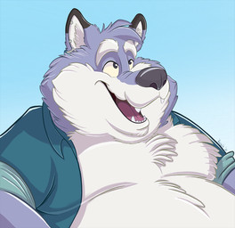anthro belly big_belly black_nose blue_background blue_clothing blue_shirt blue_topwear clothed clothed_anthro clothed_male clothing collared_shirt countershade_face countershade_fur countershade_torso countershading dipstick_ears ear_markings ear_piercing ear_ring ear_stud eyebrows fangs fur gradient_background grey_body grey_fur looking_up male male_anthro multicolored_body multicolored_ears multicolored_fur open_clothing open_mouth open_shirt open_smile open_topwear overweight overweight_anthro overweight_male piercing pink_tongue ring_piercing rolled_up_sleeves shirt simple_background smile solo teeth three-quarter_view tongue topwear white_body white_countershading white_eyebrows white_fur white_inner_ear artfulreggie_(artist) teaselbone_(character) canid canine canis mammal wolf 2021 cel_shading digital_drawing_(artwork) digital_media_(artwork) half-length_portrait hi_res portrait shaded signature