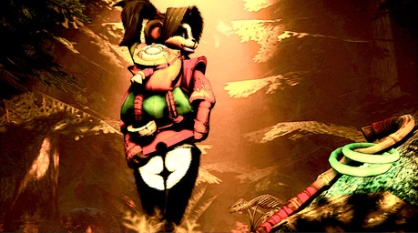 anthro ass_up backpack belt black_body black_fur black_hair black_nose clothed clothing countershade_face countershading female fur green_belt green_eyes hair looking_at_viewer looking_back looking_back_at_viewer outside pantsless patch_(fabric) pawpads pink_clothing pink_shirt pink_topwear plant ponytail pose ring rock shirt sleeping_bag solo staff standing tail topwear tree young young_anthro young_female asot435_(artist) blizzard_entertainment warcraft li_li_stormstout bear mammal pandaren 3d_(artwork) compression_artifacts digital_media_(artwork) hi_res