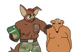 anthro belt beverage bottomwear brown_body brown_fur camo camo_bottomwear camo_clothing camo_pants camo_print carton clothed clothing crossgender duo featureless_chest floppy_ears fur holding_beverage holding_object juice male muscular nipples orange_body orange_fur overweight pants pattern_bottomwear pattern_clothing pattern_pants topless tama-tama hybrid half-length_portrait portrait