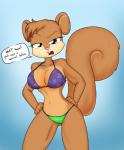 2016 annoyed anthro bikini breasts camel_toe clothed clothing dialogue english_text female fur half-closed_eyes hands_on_hips hi_res looking_at_viewer mammal midriff narrowed_eyes navel nickelodeon nipple_outline open_mouth rodent sandwich-anomaly sandy_cheeks sciurid simple_background skimpy solo spongebob_squarepants standing string_bikini swimwear text tree_squirrel under_boob underwear unimpressed