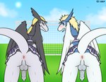 anthro anus balls blonde_hair blue_body blush blush_lines butt clothed clothing cloud crossdressing darkened_genitalia duo embarrassed foreskin genitals hair long_penis male male/male penis ponytail presenting presenting_hindquarters soccer_net sun take_your_pick wings enlightenedcat legendz ranshiin shiron absurd_res hi_res