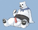 animal_genitalia anthro balls biped black_eyes black_nose blue_background blush bottomless clothed clothing erection fur genitals male paws penis scarf simple_background sitting solo spron topless white_body white_fur seth-iova shirokuma_cafe shirokuma bear mammal polar_bear ursine digital_media_(artwork)