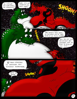 anthro big_breasts body_size_growth breasts duo female giga growth_lines huge_breasts macro male muscular muscular_female muscular_male onomatopoeia size_difference size_transformation sound_effects space speech_bubble spikes spikes_(anatomy) text transformation dnapalmhead redsaber third-party_edit mythology dragon mythological_creature mythological_scalie scalie comic english_text