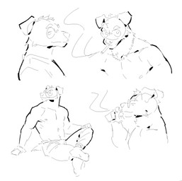 anthro biped bottomwear cigarette cigarette_in_mouth closed_smile clothed clothed_anthro clothed_male clothing eyebrows eyewear floppy_ears folded_ears footwear front_view glasses grey_background holding_cigarette holding_object jewelry looking_aside male mouth_closed narrowed_eyes necklace nipples object_in_mouth pants pants_only pince-nez plantigrade pose round_glasses shirt side_view simple_background sitting smile smoke smoking smoking_cigarette snout socks solo tail topless topless_anthro topless_male topwear wearing_glasses kingarthur_i canid mammal 2024 aliasing binary_drawing black_and_white bust_portrait digital_drawing_(artwork) digital_media_(artwork) full-length_portrait hi_res line_art monochrome portrait