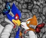 anthro beak blue_body blue_eyes blue_feathers duo feathered_wings feathers green_eyes insect_wings lepidopteran_wings male parody wings kp-yoshi magnet_(song) nintendo star_fox vocaloid falco_lombardi fox_mccloud hatsune_miku megurine_luka avian bird canid canine fox mammal