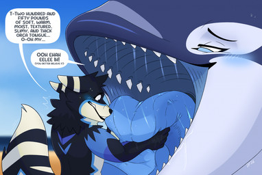 anthro black_body black_fur black_stripes blue_blush blue_body blue_eyes blue_stripes blue_tongue blush bodily_fluids dialogue duo female female_pred feral fur grabbing_tongue imminent_vore male male_pred mawplay saliva speech_bubble stripes talking_feral teeth text tongue vore white_stripes dolphinproject aquatic canid canine canis cetacean dolphin mammal oceanic_dolphin orca toothed_whale wolf 2026 english_text hi_res