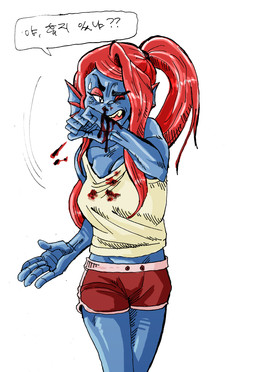 biped black_eyes blood blood_drip blood_on_clothing blood_on_hand blue_body blue_skin bodily_fluids bottomwear breasts cleavage clothed clothing dialogue dripping ear_frill eyebrows eyelashes eyeshadow fangs female frill_(anatomy) front_view glistening hair half-closed_eyes hand_on_face kemono korean legs_together long_hair looking_at_viewer makeup medium_breasts membrane_(anatomy) membranous_frill messy midriff motion_lines multicolored_body multicolored_skin muscular muscular_female muscular_humanoid narrowed_eyes nosebleed noseless one_eye_closed open_mouth pink_tongue ponytail raised_eyebrow red_body red_eyeshadow red_hair red_skin shirt shorts simple_background solo speech_bubble standing sweat sweatdrop tank_top teeth text tongue topwear two_tone_body two_tone_skin white_background ryonggay cc-by-nc-nd creative_commons undertale undertale_(series) undyne aquatic fish humanoid 2015 digital_media_(artwork) digital_painting_(artwork) hi_res korean_text mixed_media painting_(artwork) portrait three-quarter_portrait traditional_media_(artwork) translated